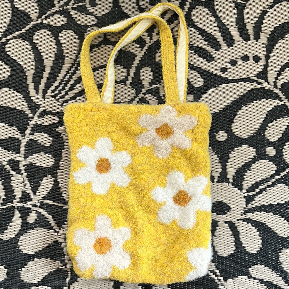 free people fuzzy yellow tote bag with white flowers